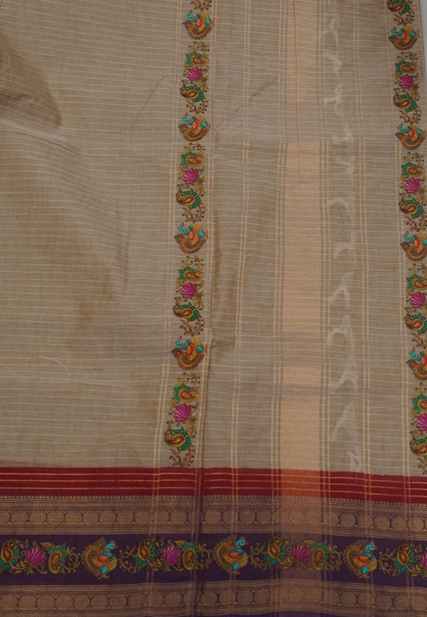 Chettinad Cotton Saree- Beige with Peacock Tanjore Print