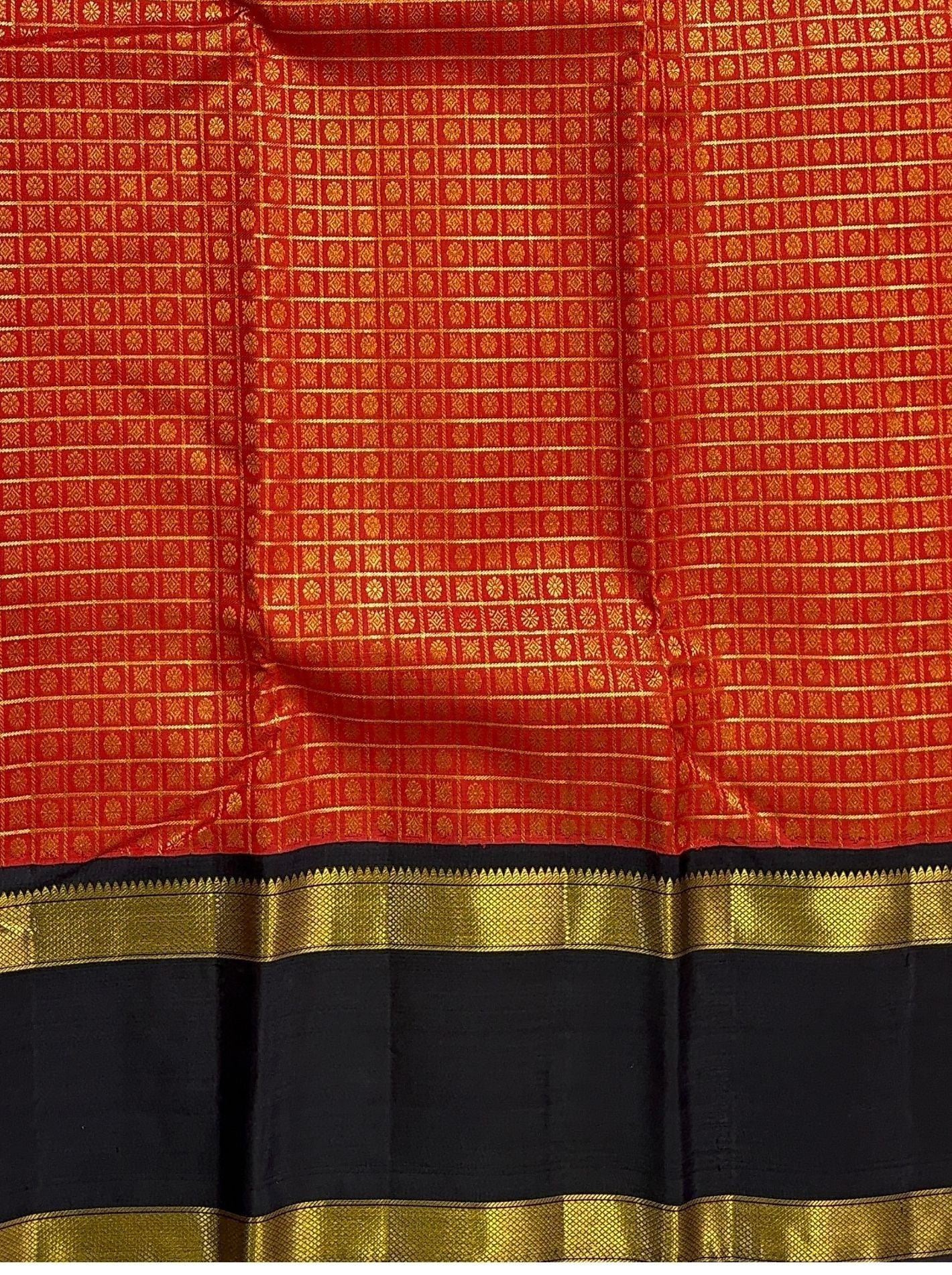 Pure Kanchipuram Silk Saree-Red in Zari Checks with Contrast Rettapet Border