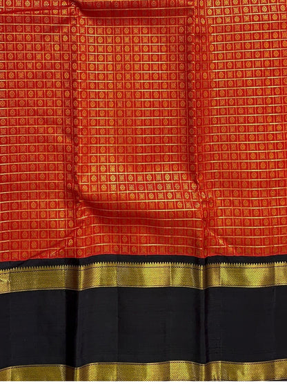 Pure Kanchipuram Silk Saree-Red in Zari Checks with Contrast Rettapet Border