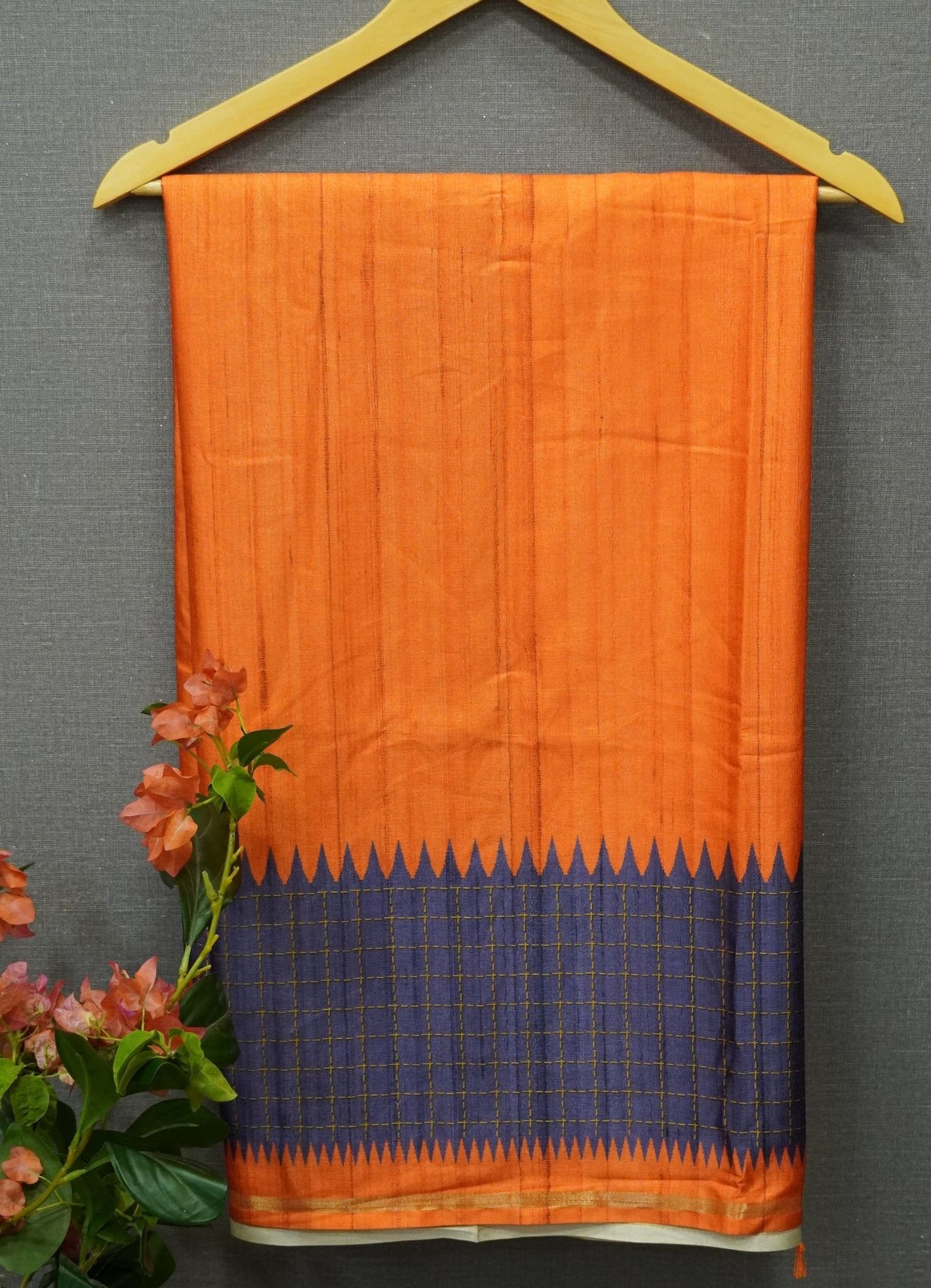 Semi Tussar Saree – Orange & Voilet Checks Design