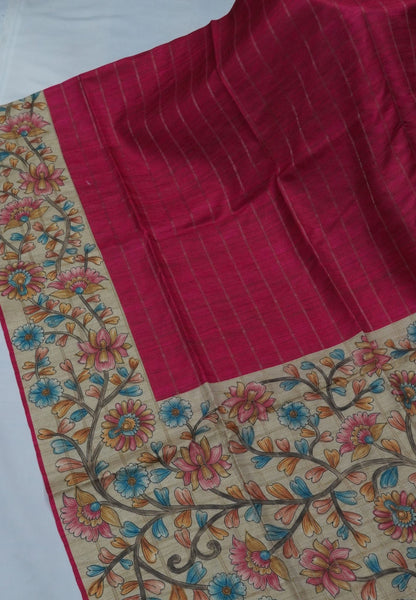 Semi Tussar Saree-Dark Pink