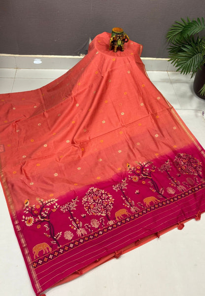 Gaji Silk Saree-Peach In Warli Tree & Elephant With Contrast Border