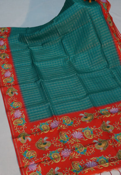 Premium Tussar Saree-Green with Contrast Mayil Border