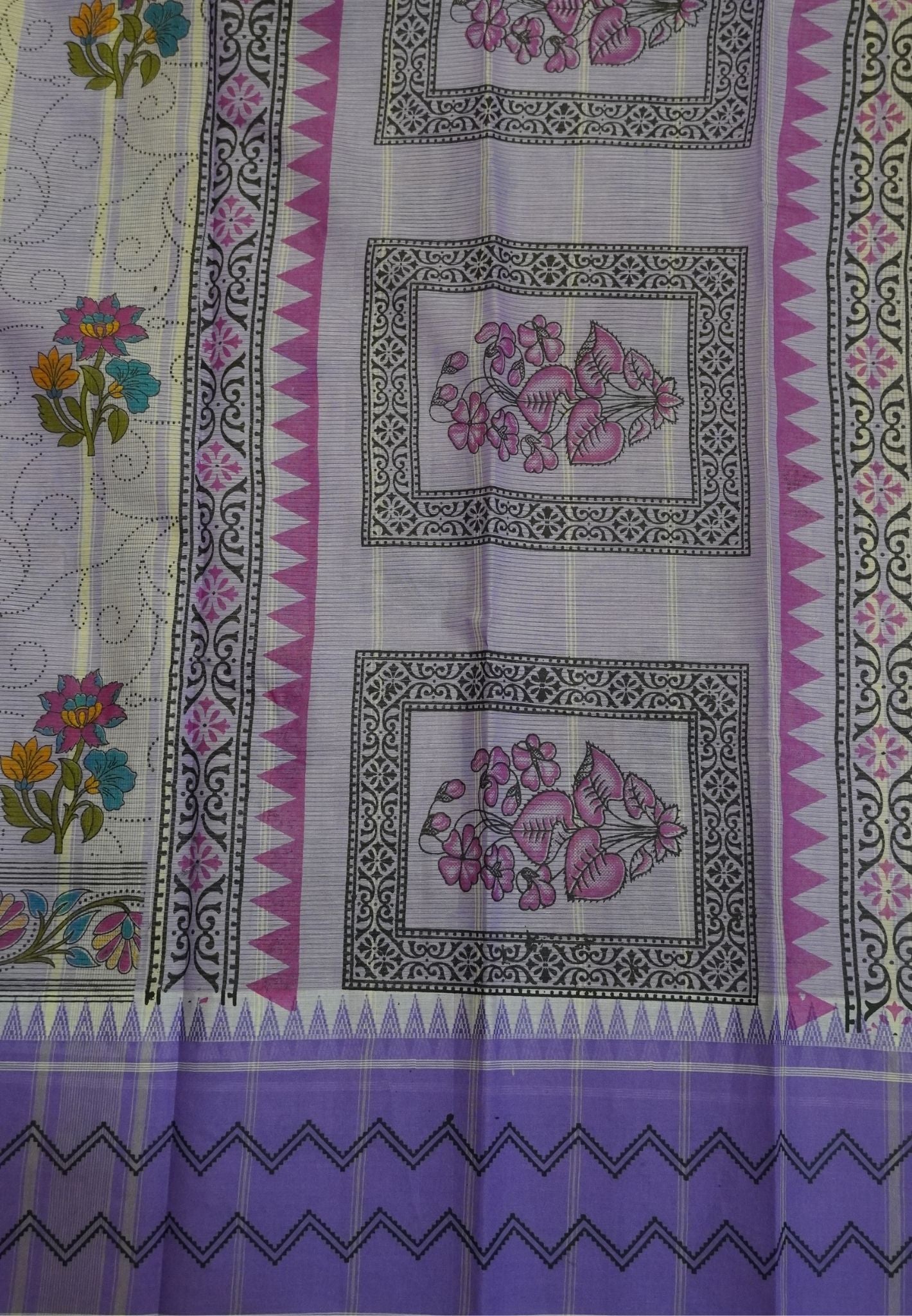 Pure Cotton Saree-Cream with Lavender in Lilac Blossom