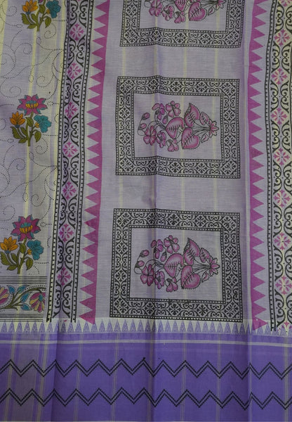 Pure Cotton Saree-Cream with Lavender in Lilac Blossom