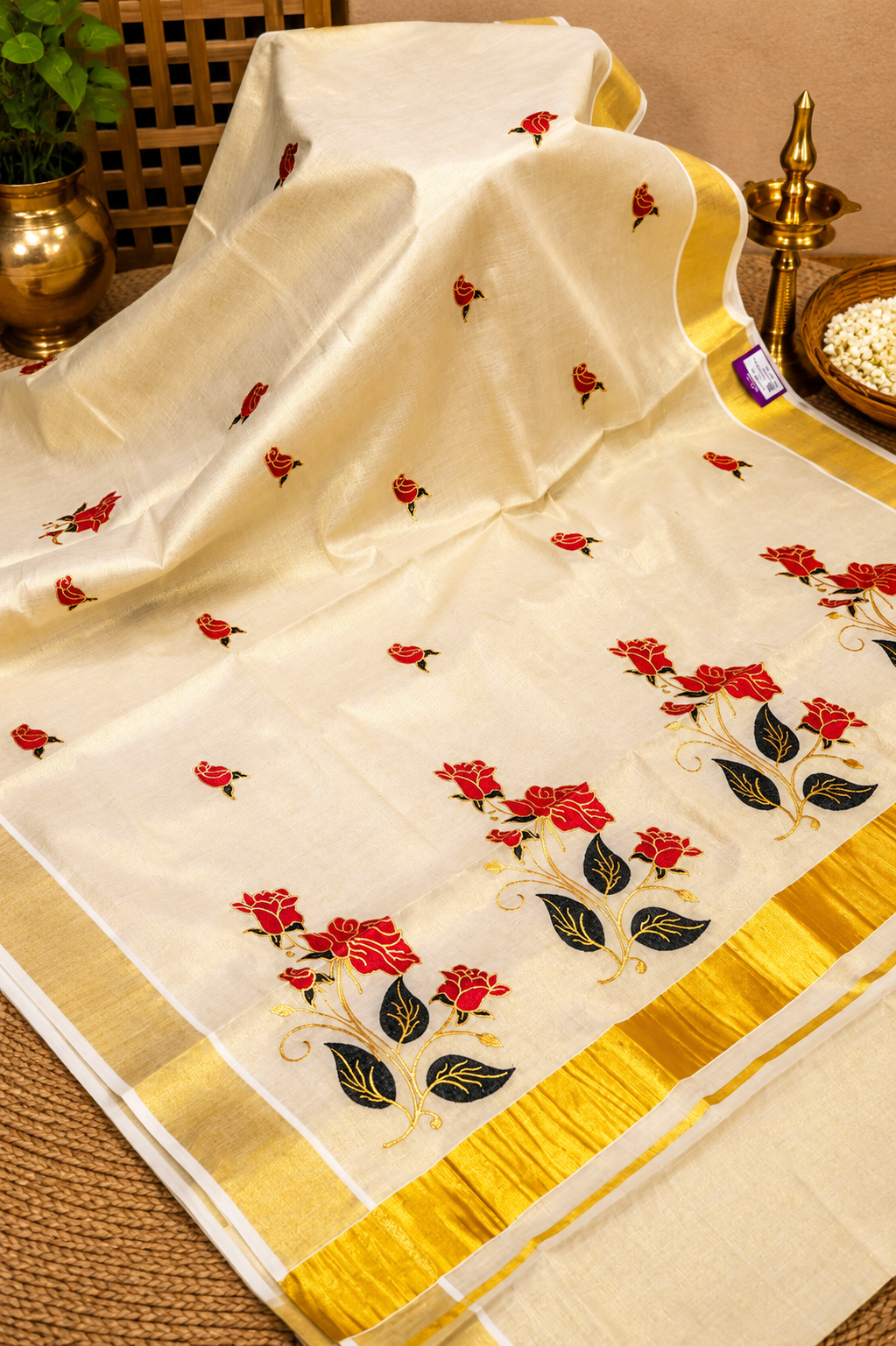 Tissue Saree-Sandal with Floral Embroidery