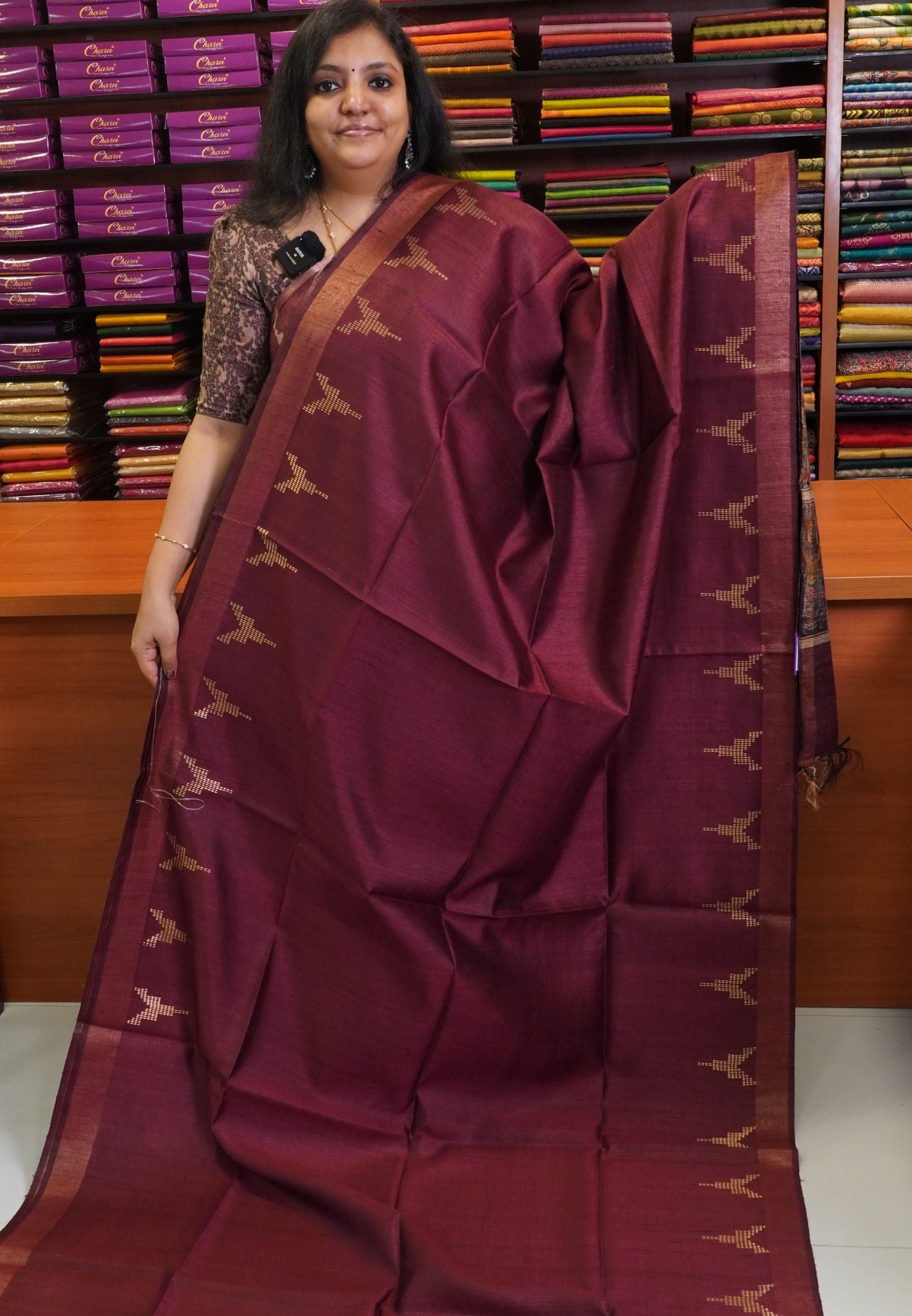 Jute Tussar Silk - Temple Border Maroon