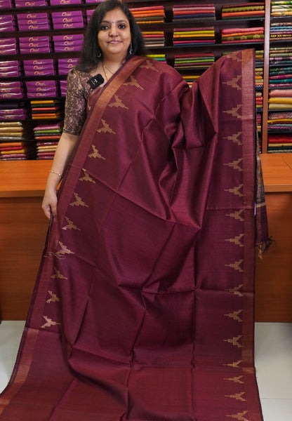 Jute Tussar Silk - Temple Border Maroon