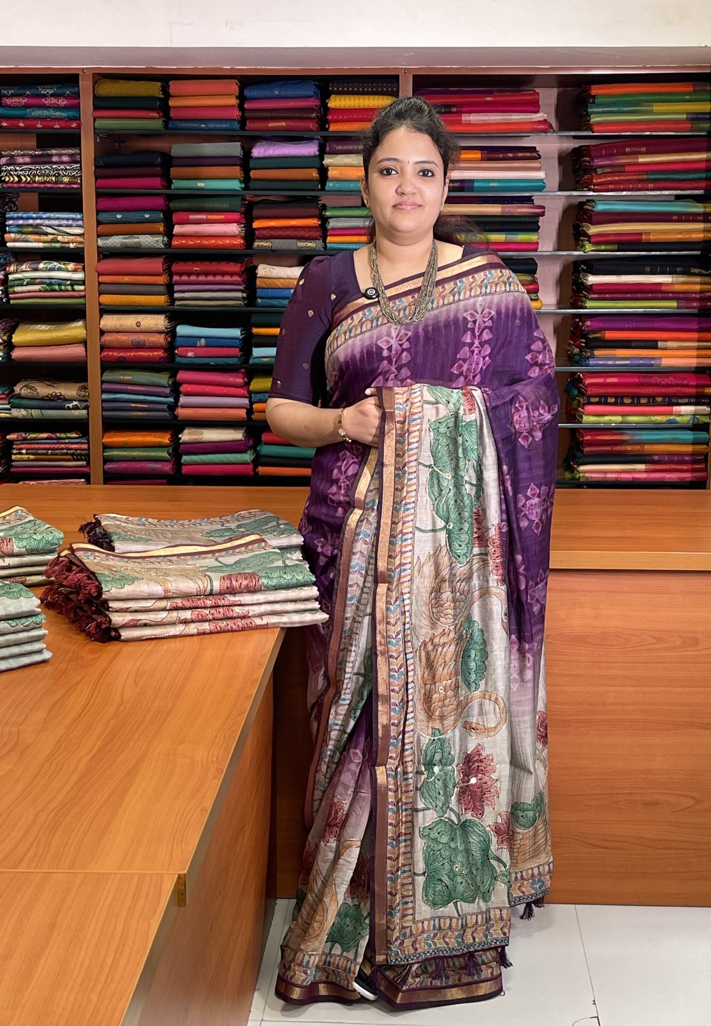 Malai cotton Saree-Purple with Kutch Work