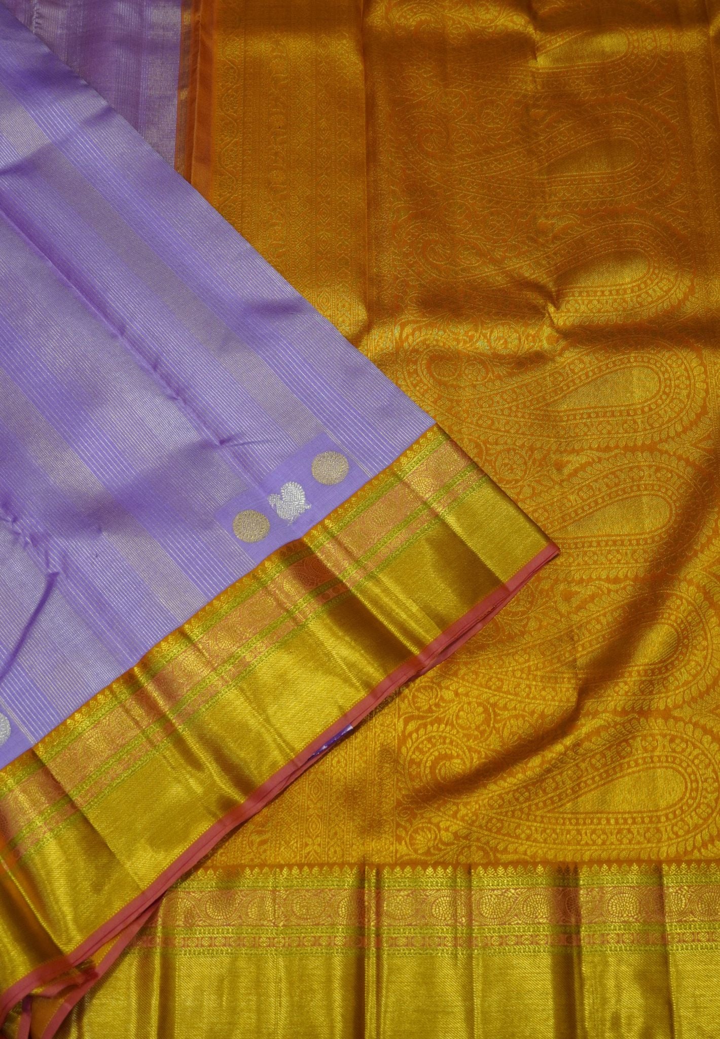 Pure Kanchipuram Silk Saree - Lavender - Orange Zari Work