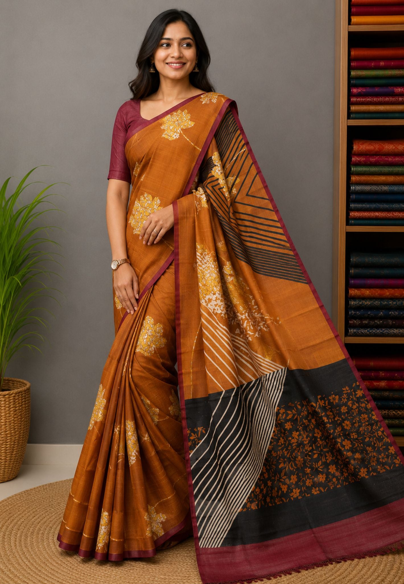 Pure Tussar Saree-Dark Mustard with Contrast Border