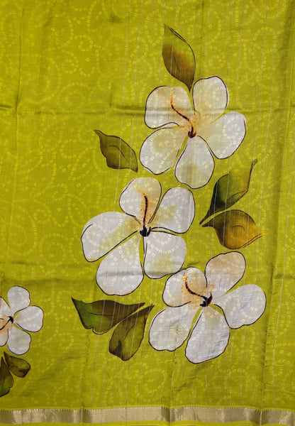Pure Mangalgiri Silk Saree-Flourscent Green in Floral Print with Small Border