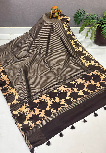 Soft Kora Tissue Saree-Brown in Floral Jaal Zari Border