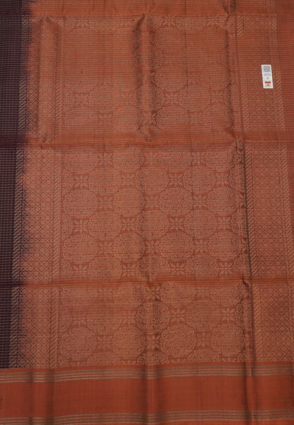 Pure Kanchipuram Silk Saree-Brown in Zari Checks with Contrast Rettapet Border