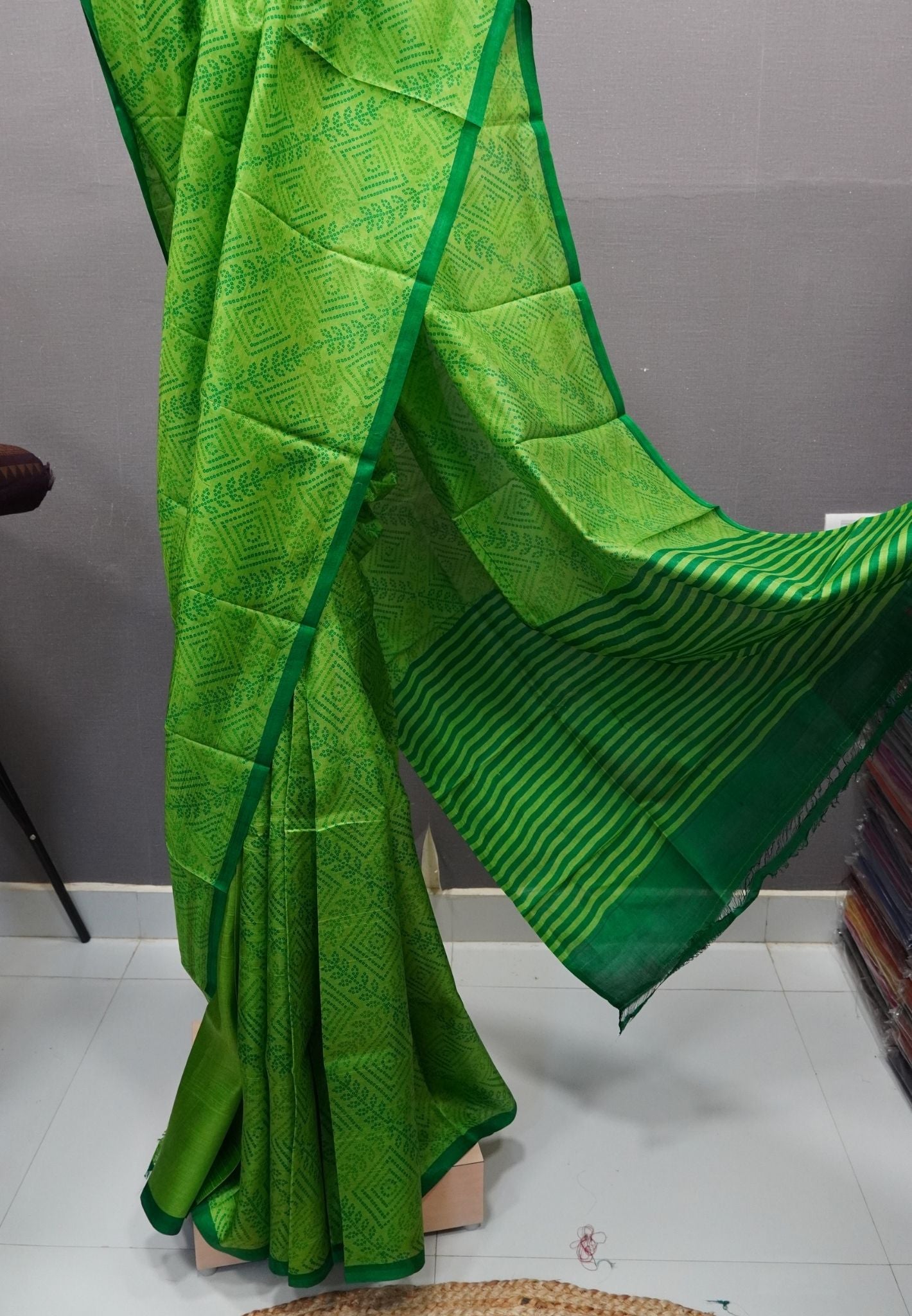 Pure Tussar Saree-Parrot Green with Bandhini Pattern