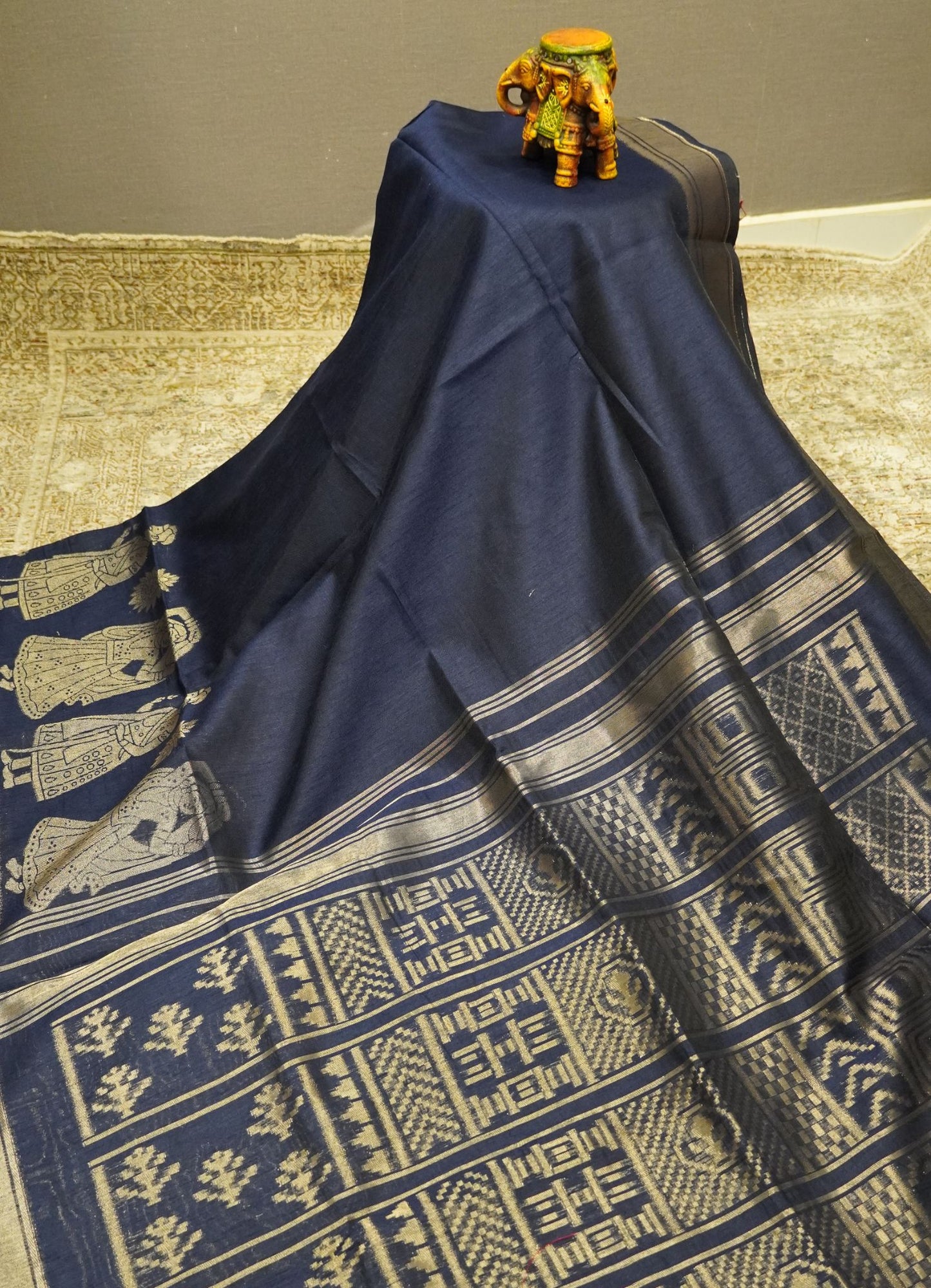 Semi Raw Silk Saree - Navy Blue with Doll Zari