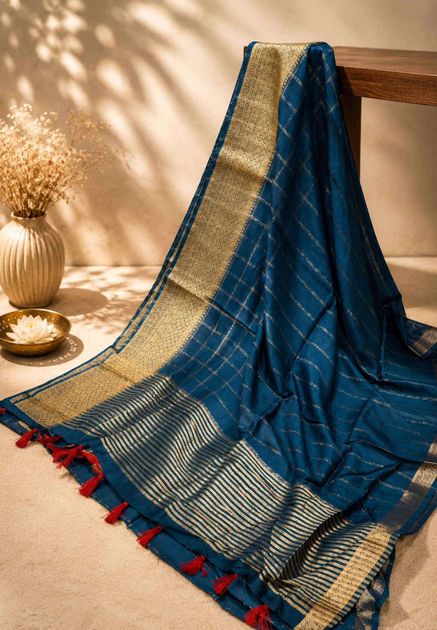 Viscose Silk Saree-Peacock Blue in checkered Pattern