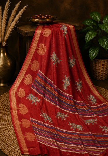 Chiffon Saree-Red with Tree Zari