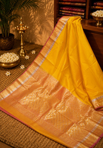Pure Kanchipuram Silk Saree- Yellow with Light Peach Border