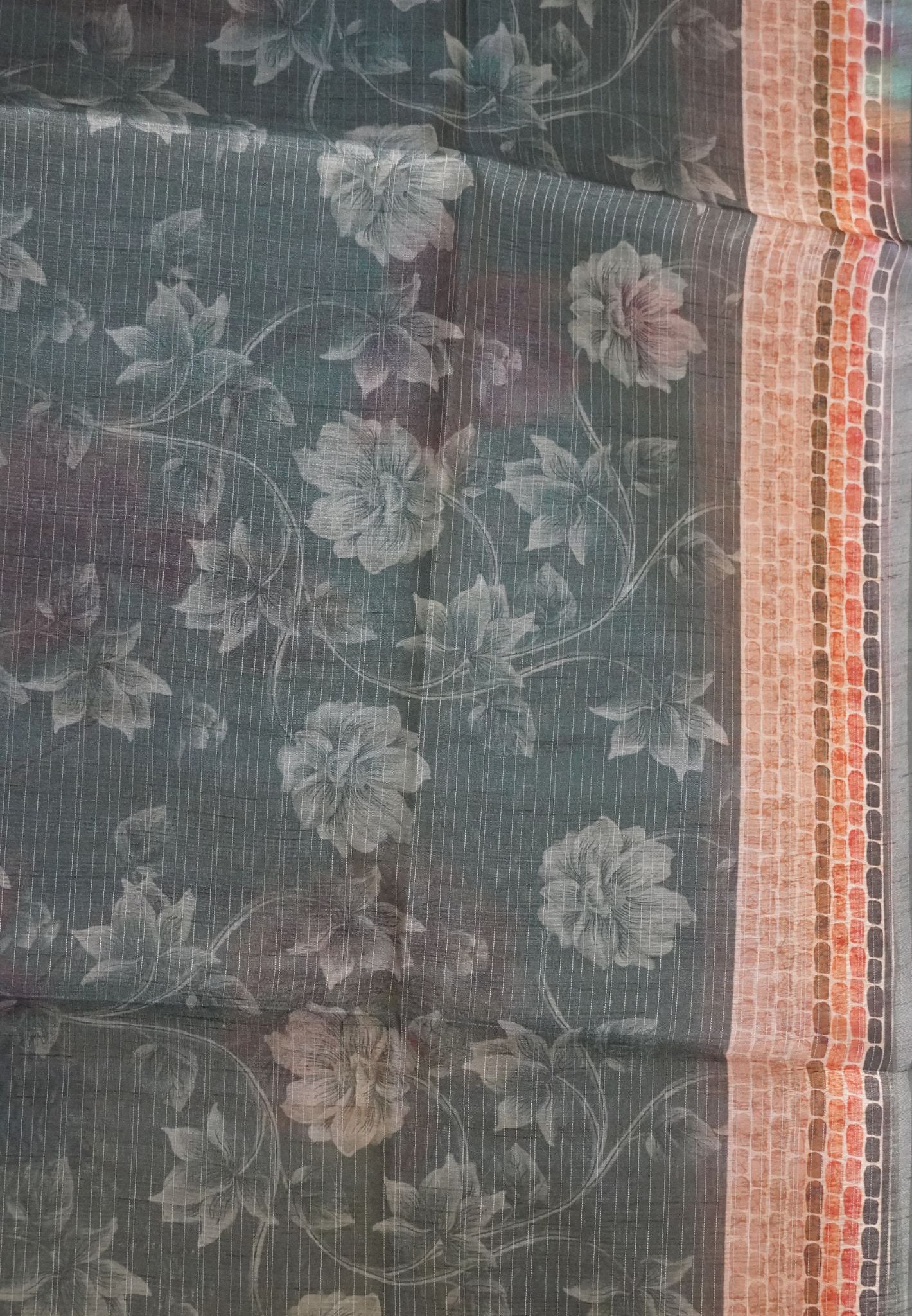 Bhagalpur Tussar  - Floral Pattern Green