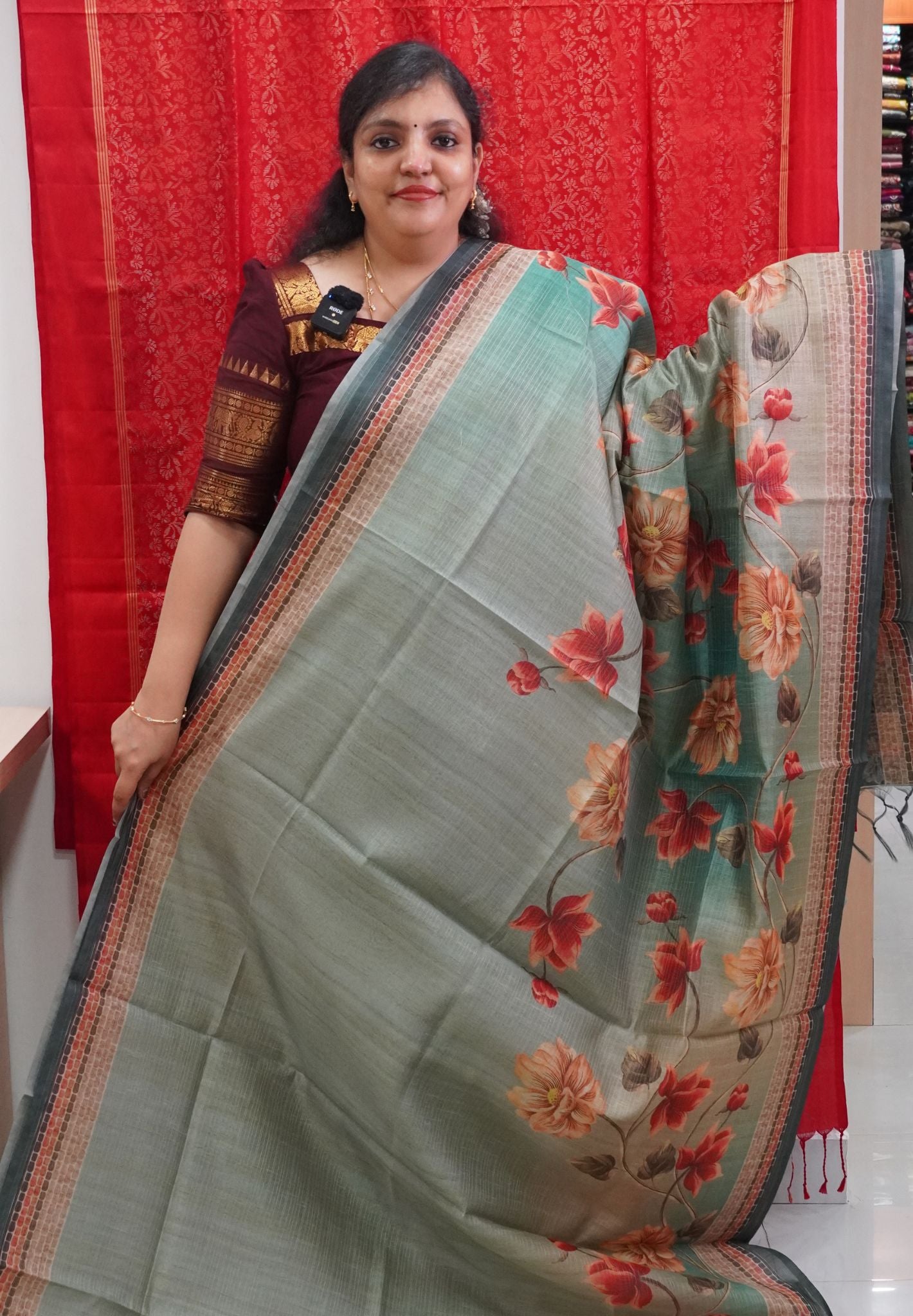 Bhagalpur Tussar  - Floral Pattern Green