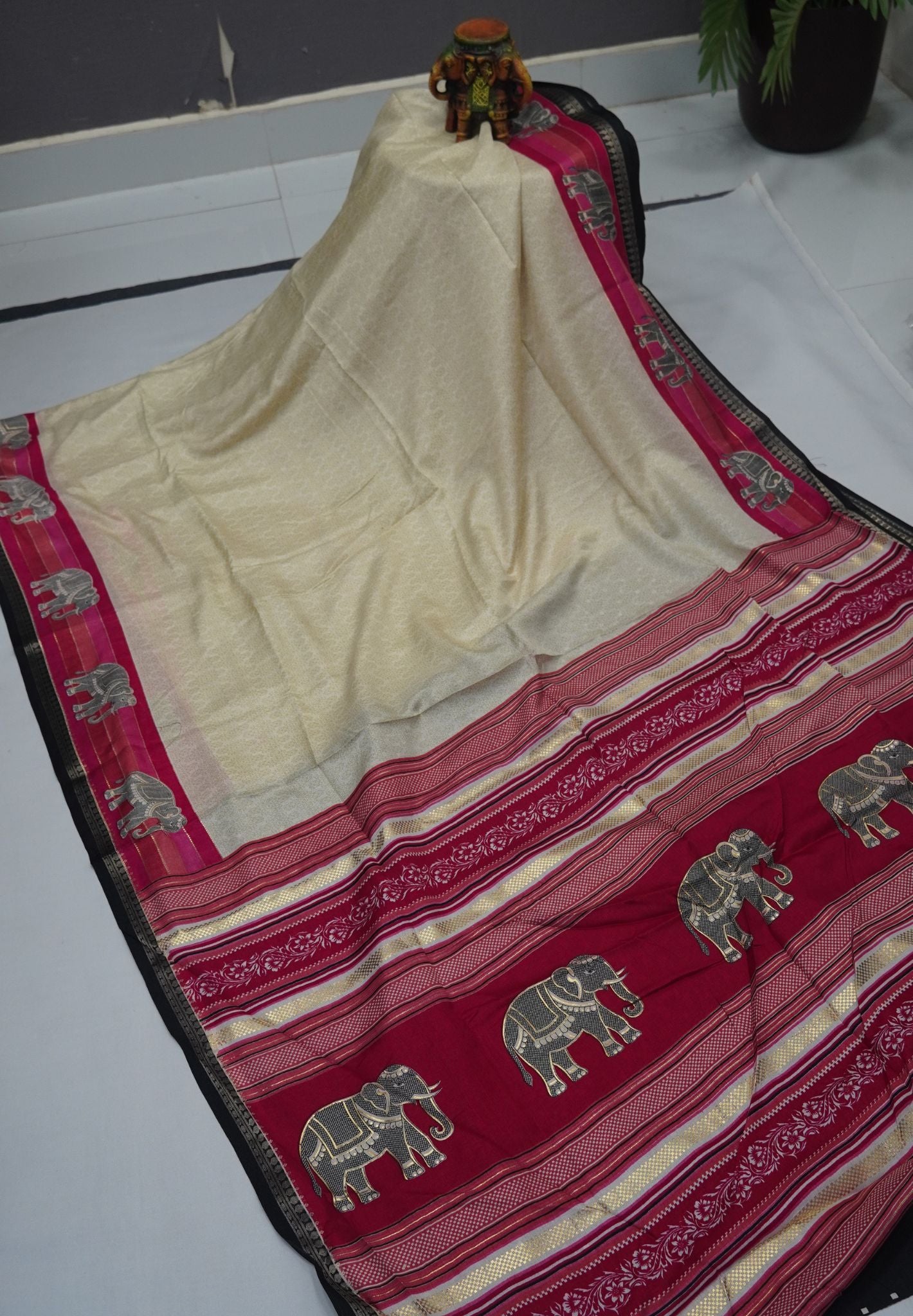 Dola Saree-Off White with Contrast Elephant Border