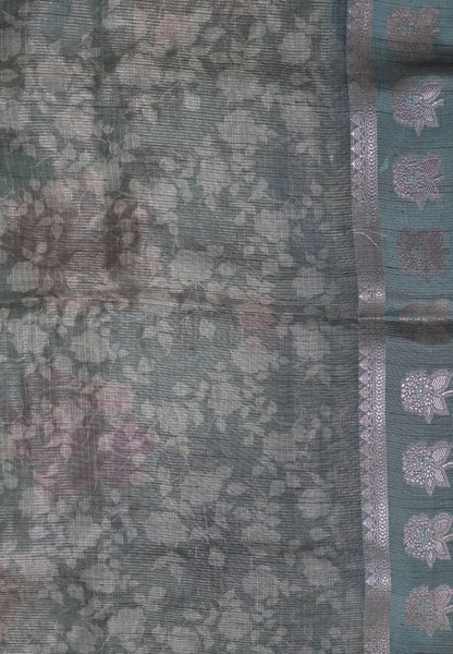 Tissue Linen Saree-Sea green with Floral Kutch Work