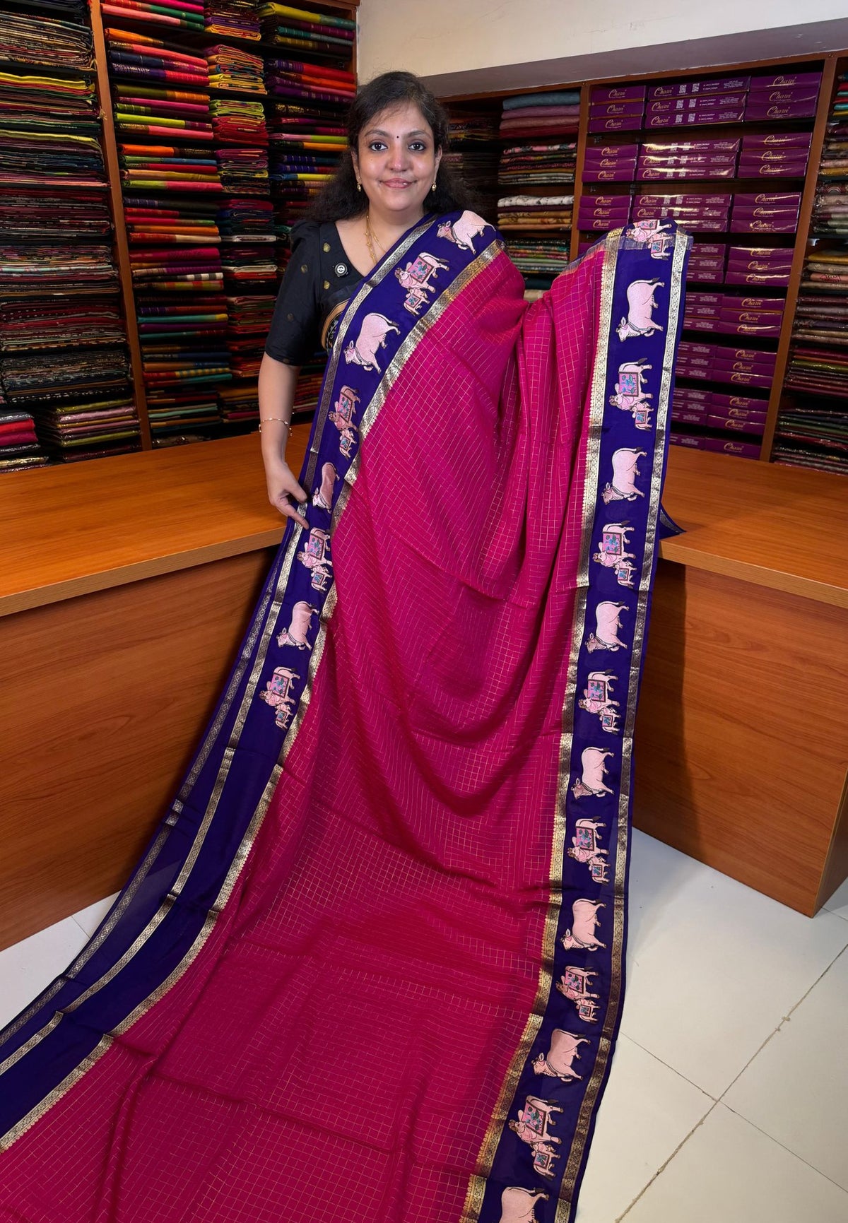 Pure Mysore Silk Saree-Rani Pink In Pichwai Embroidery With Contrast Border