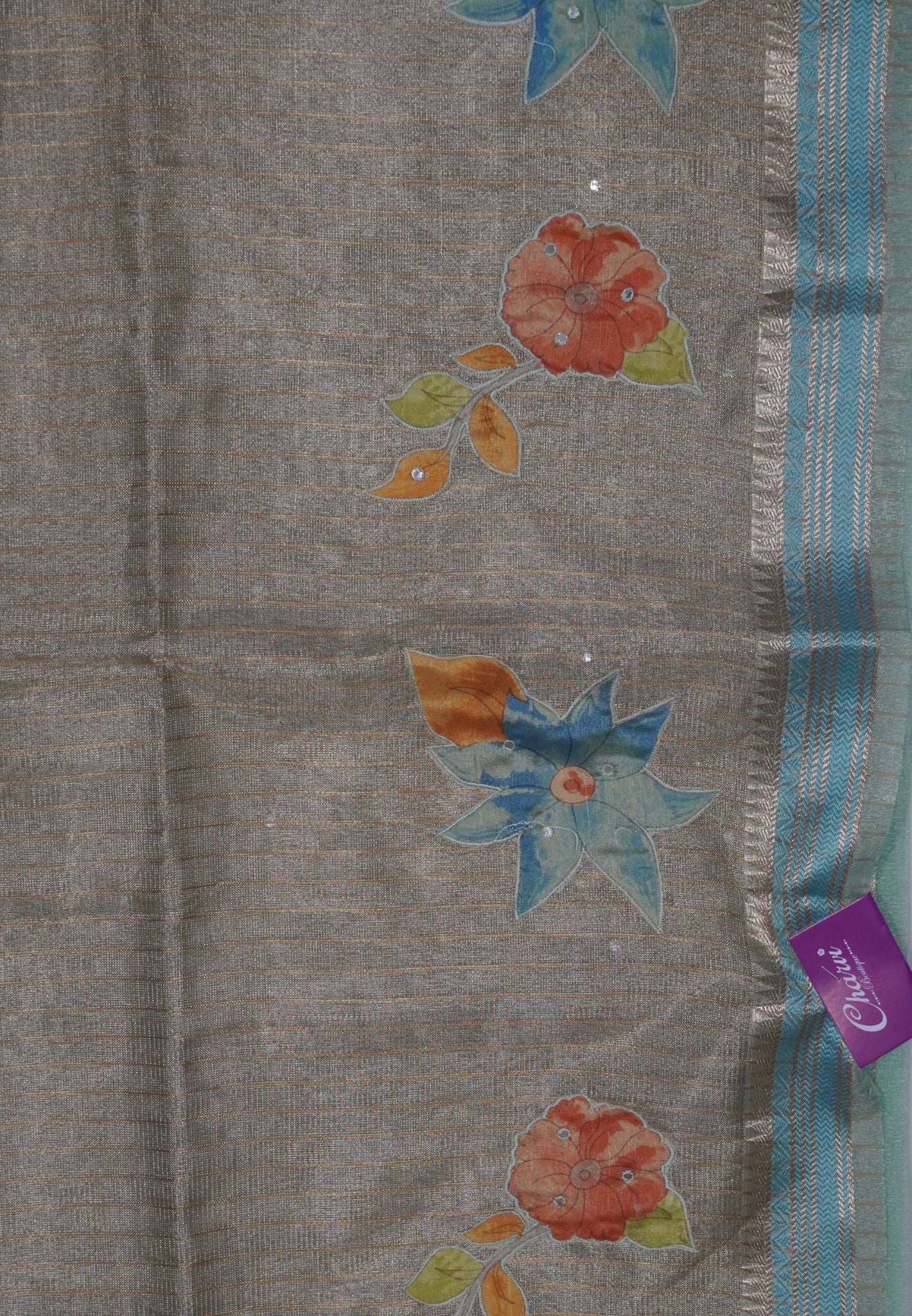 Silk Kota Saree- Blue With Mirror and Applique Work in Pallu