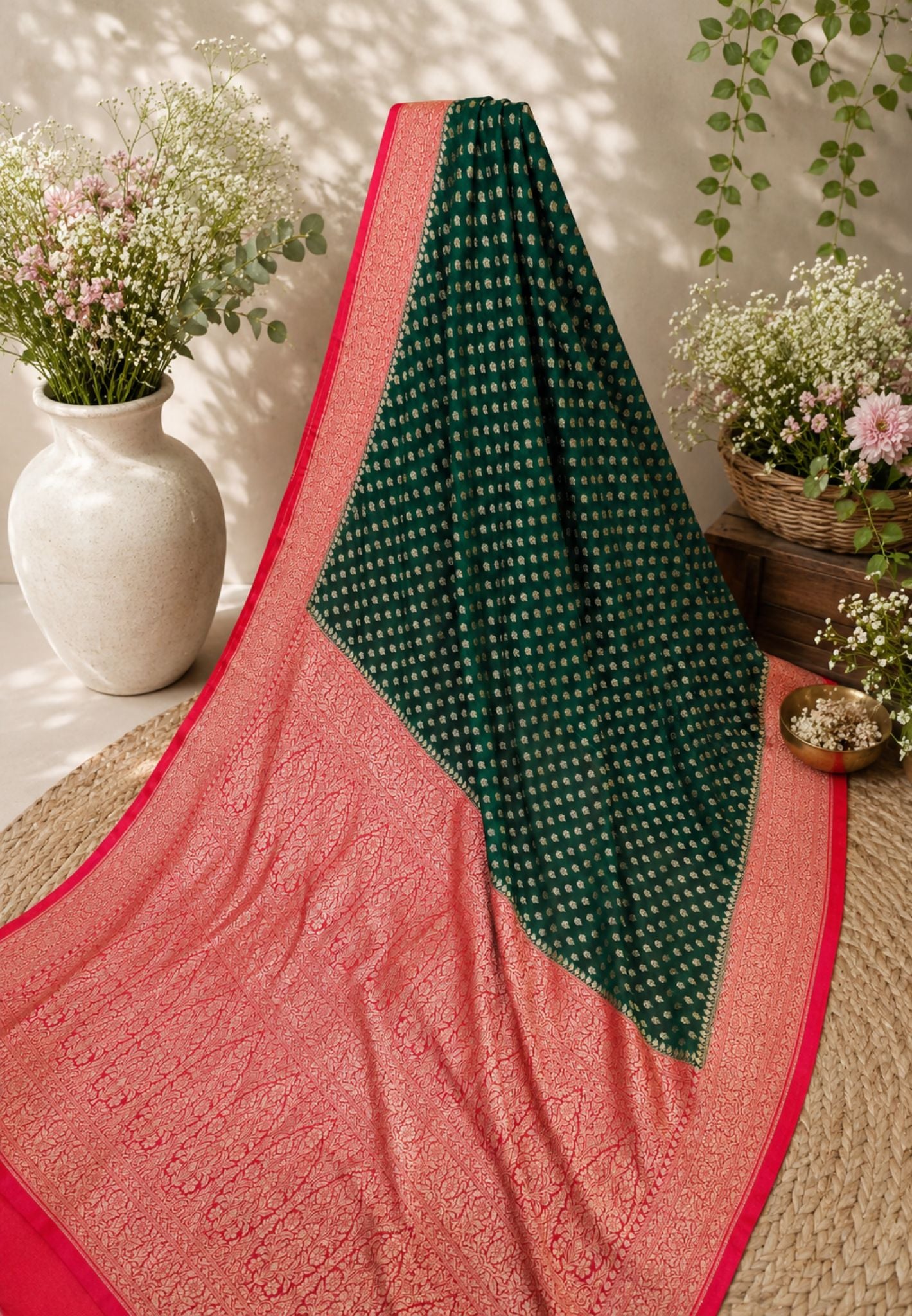 Banarasi Georgette Saree-Bottle Green with Contrast Border