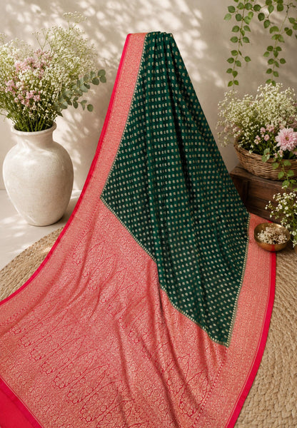 Banarasi Georgette Saree-Bottle Green with Contrast Border