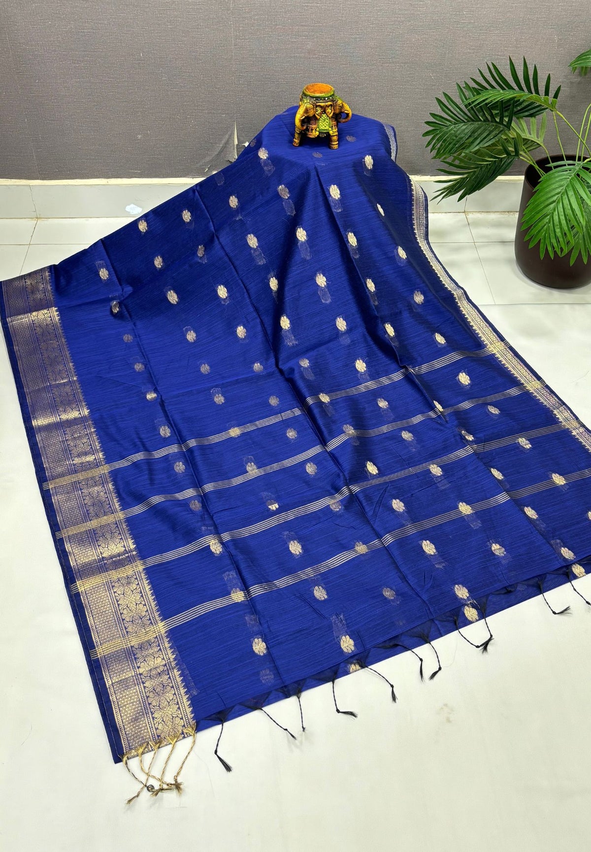 Cotton Saree-Ms Blue In Floral Zari Stripe Border