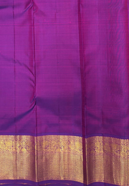 Pure Kanchipuram Silk Saree-Mango Yellow-Purple In Paisley Floral Zari with Contrast Border