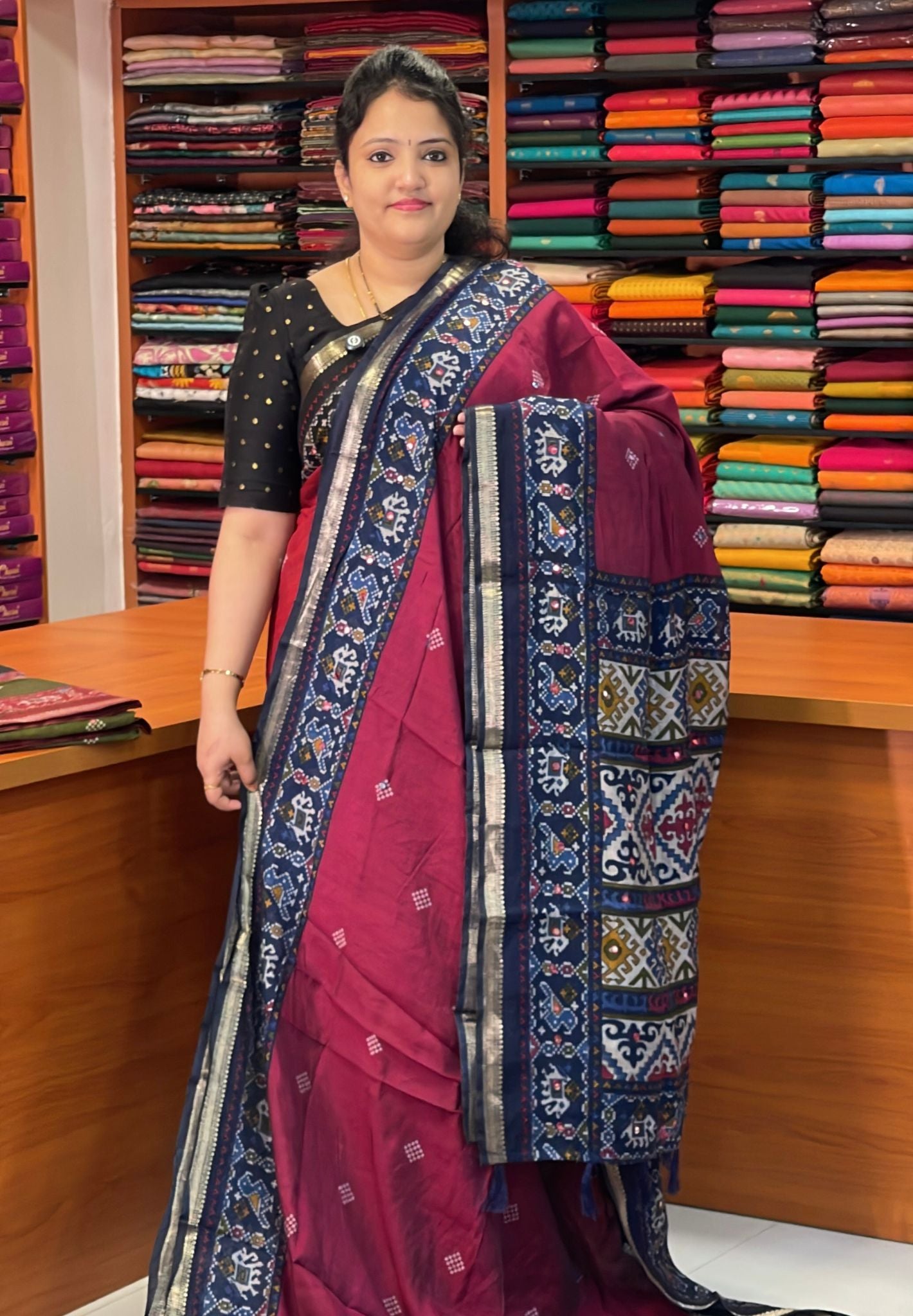 Malai Cotton Saree-Magenta with Contrast Pattola Border and Mirror Work