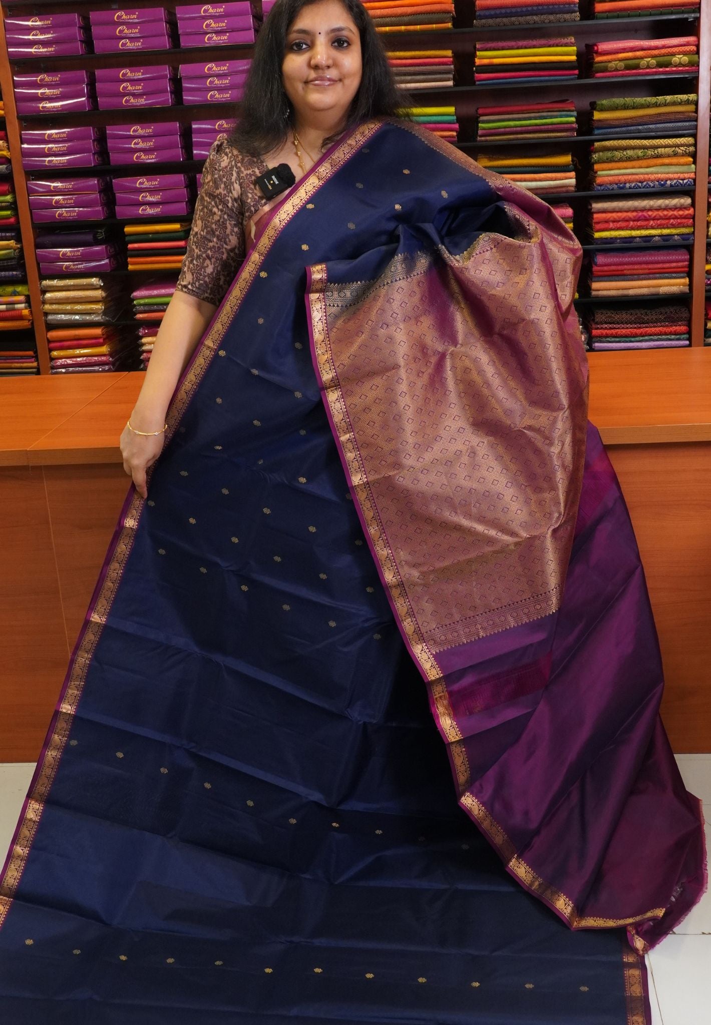 Pure Kanchipuram Saree - Space Blue - Magenta