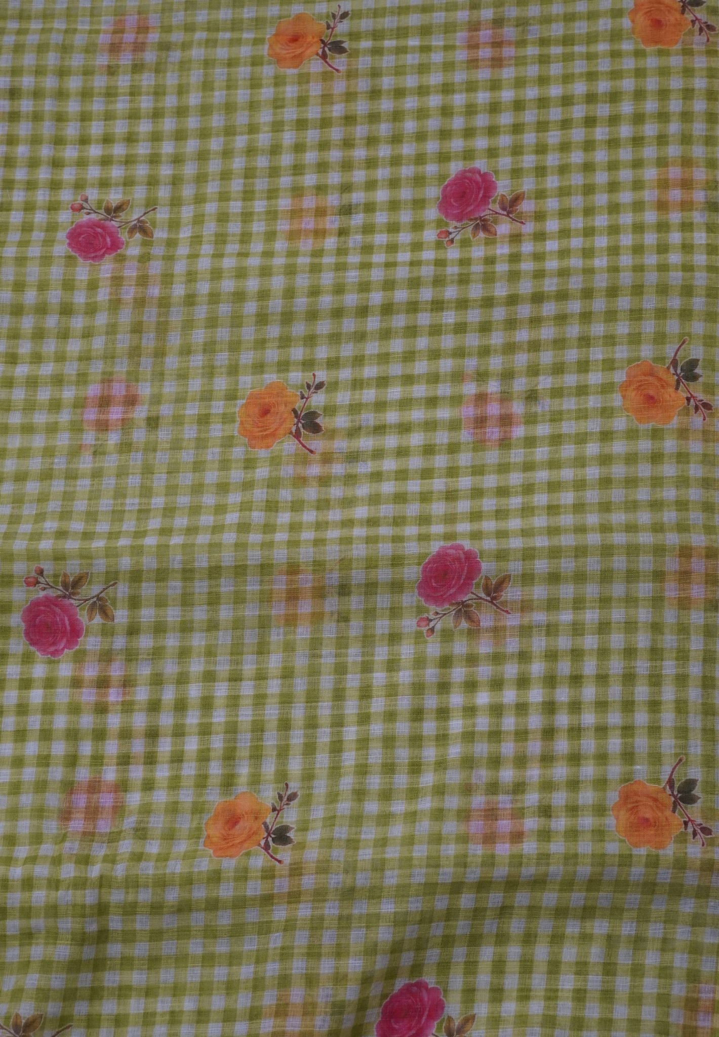 Linen Saree - Checks Light Green