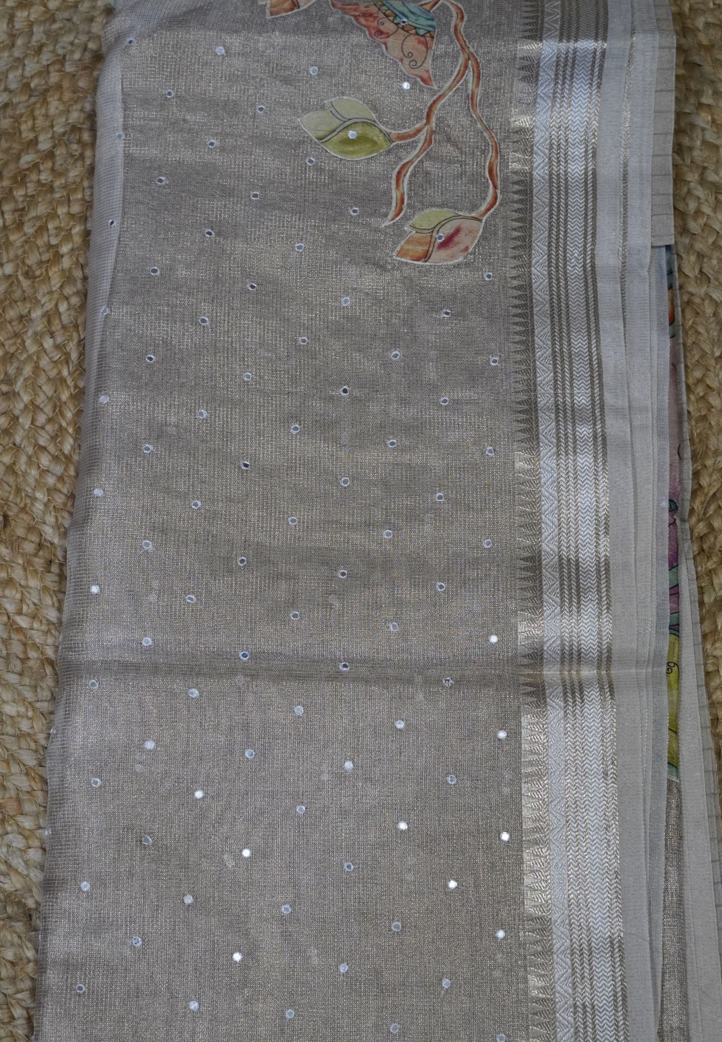 Silk Kota Saree-Sandal With Mirror and Applique Work in Pallu