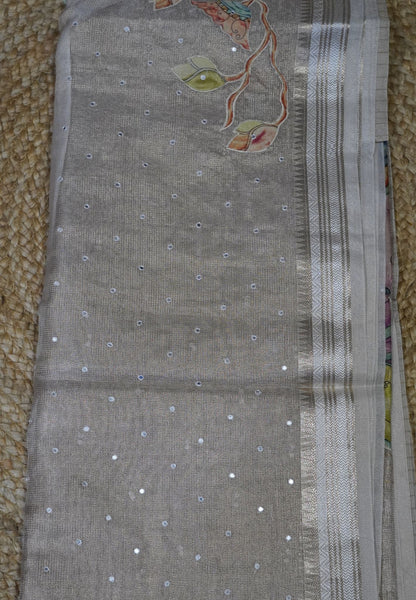 Silk Kota Saree-Sandal With Mirror and Applique Work in Pallu