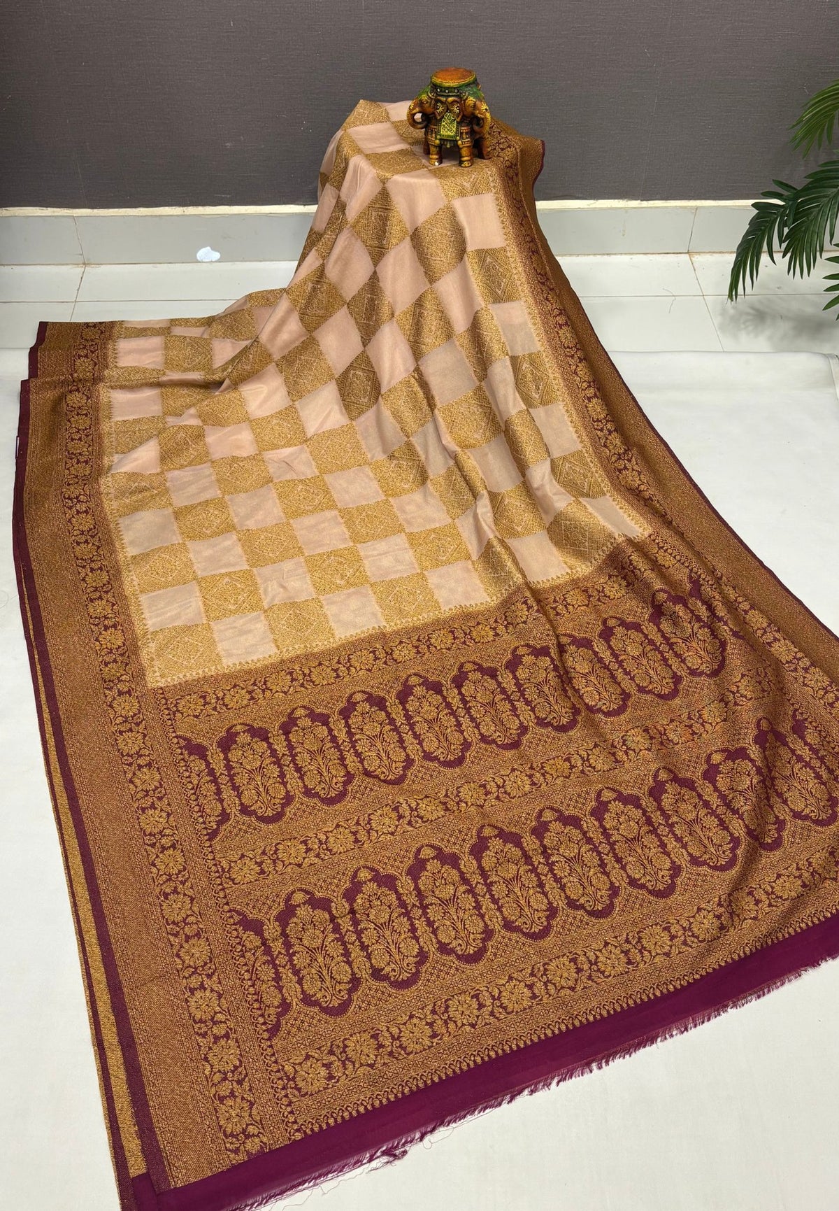 Banarasi Crepe Saree-Sandal In Square Check Brocade With Contrast Border