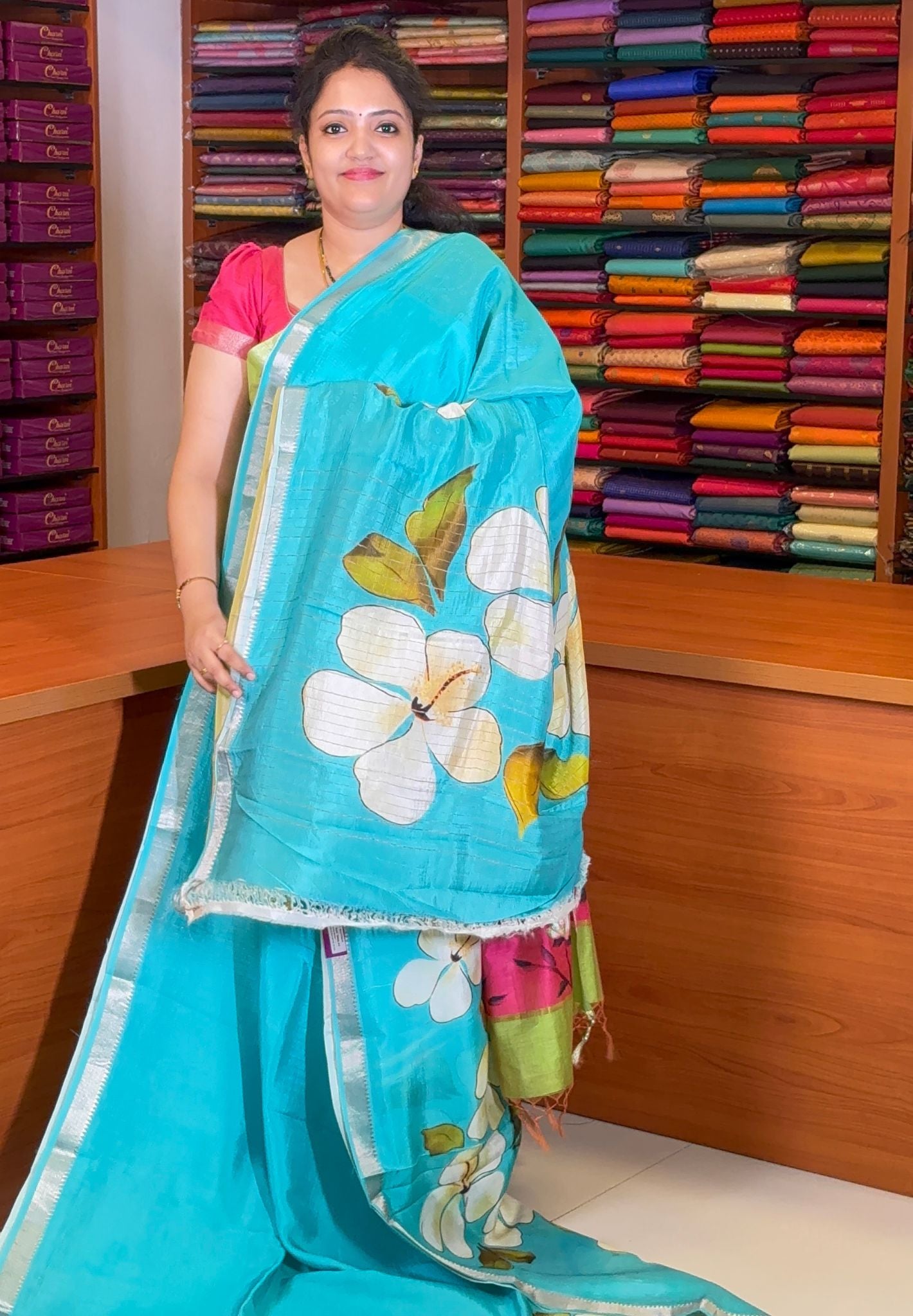 Pure Mangalgiri Silk Saree-Sky Blue in Floral Print with Small Border