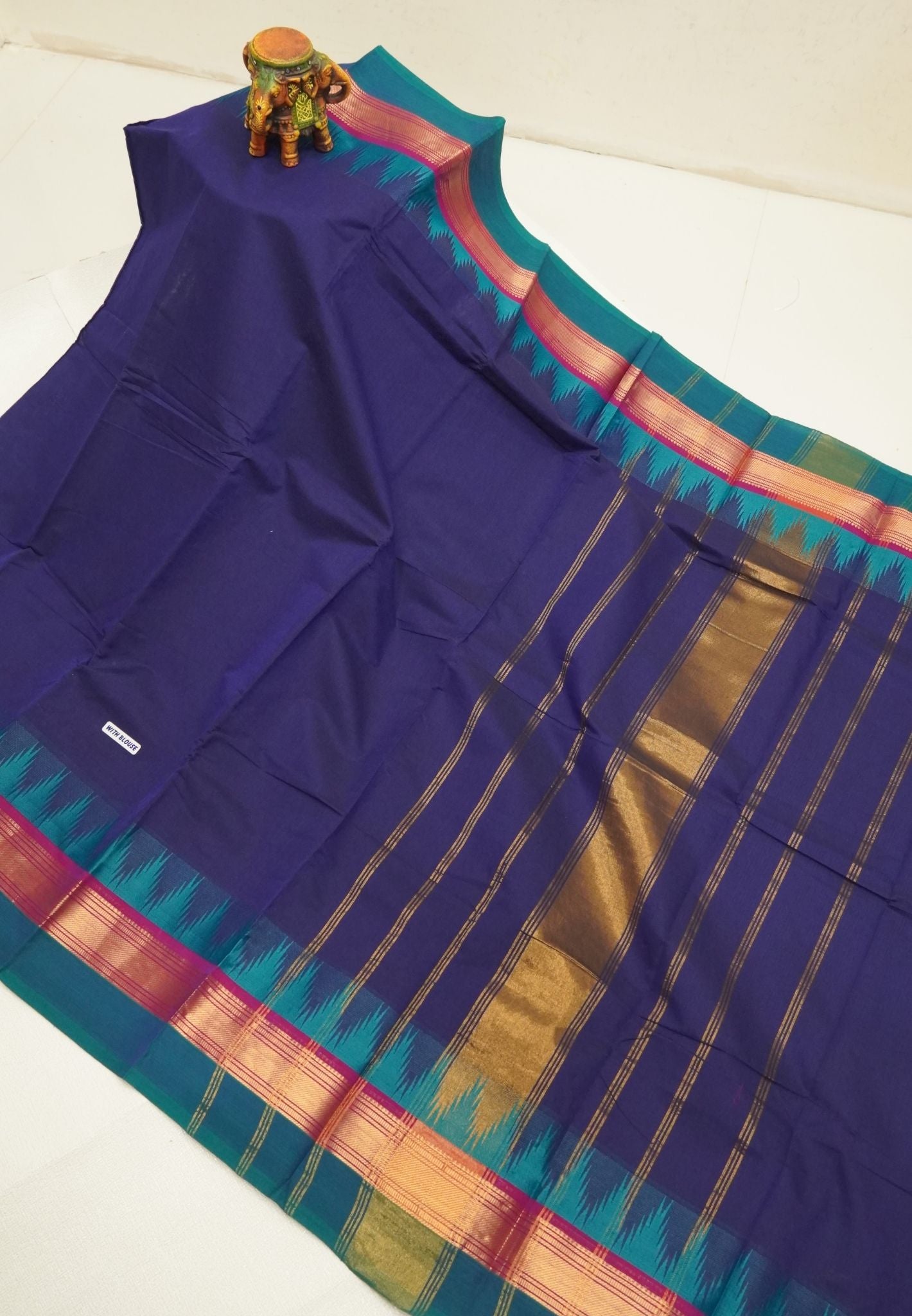 Chettinadu Cotton Saree-Navy Blue with Thazhamboo Pattern