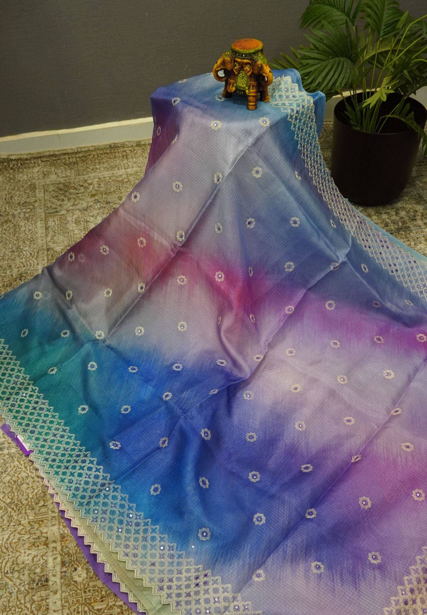 Kota Saree Blue-Purple Multi Shade with Mirror Work