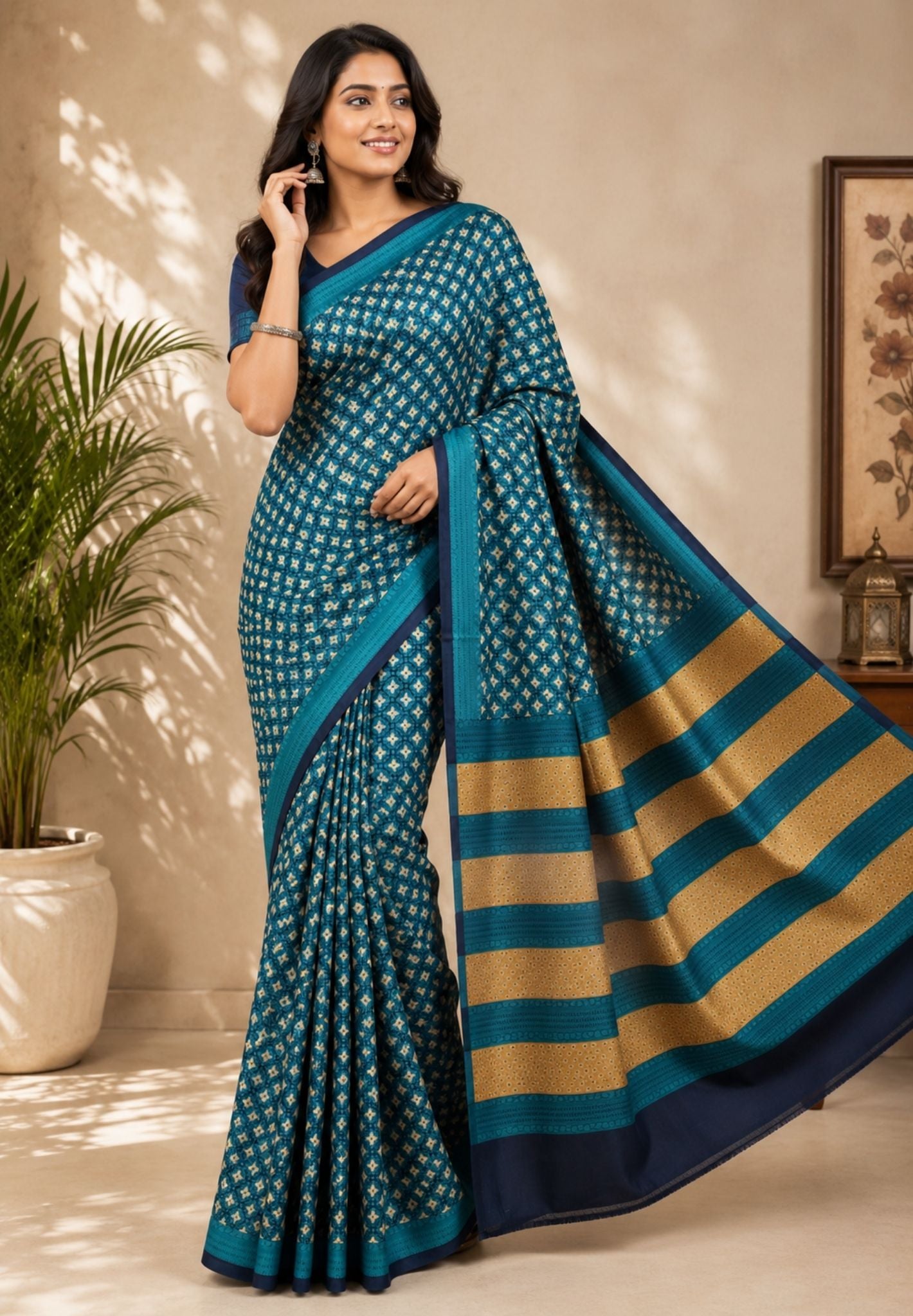 Pure Tussar Saree-Dark Peacock Blue in Mini Floral Pattern