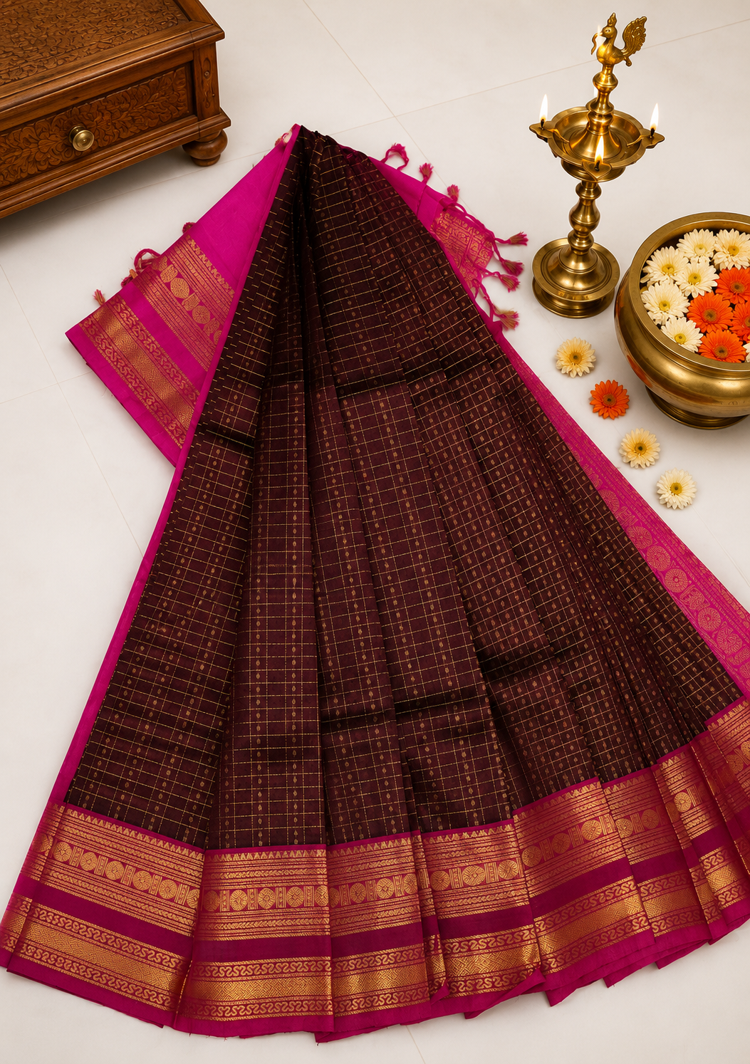 Pure Silk Cotton Saree-Coffee Brown in Zari Checks with Contrast Border