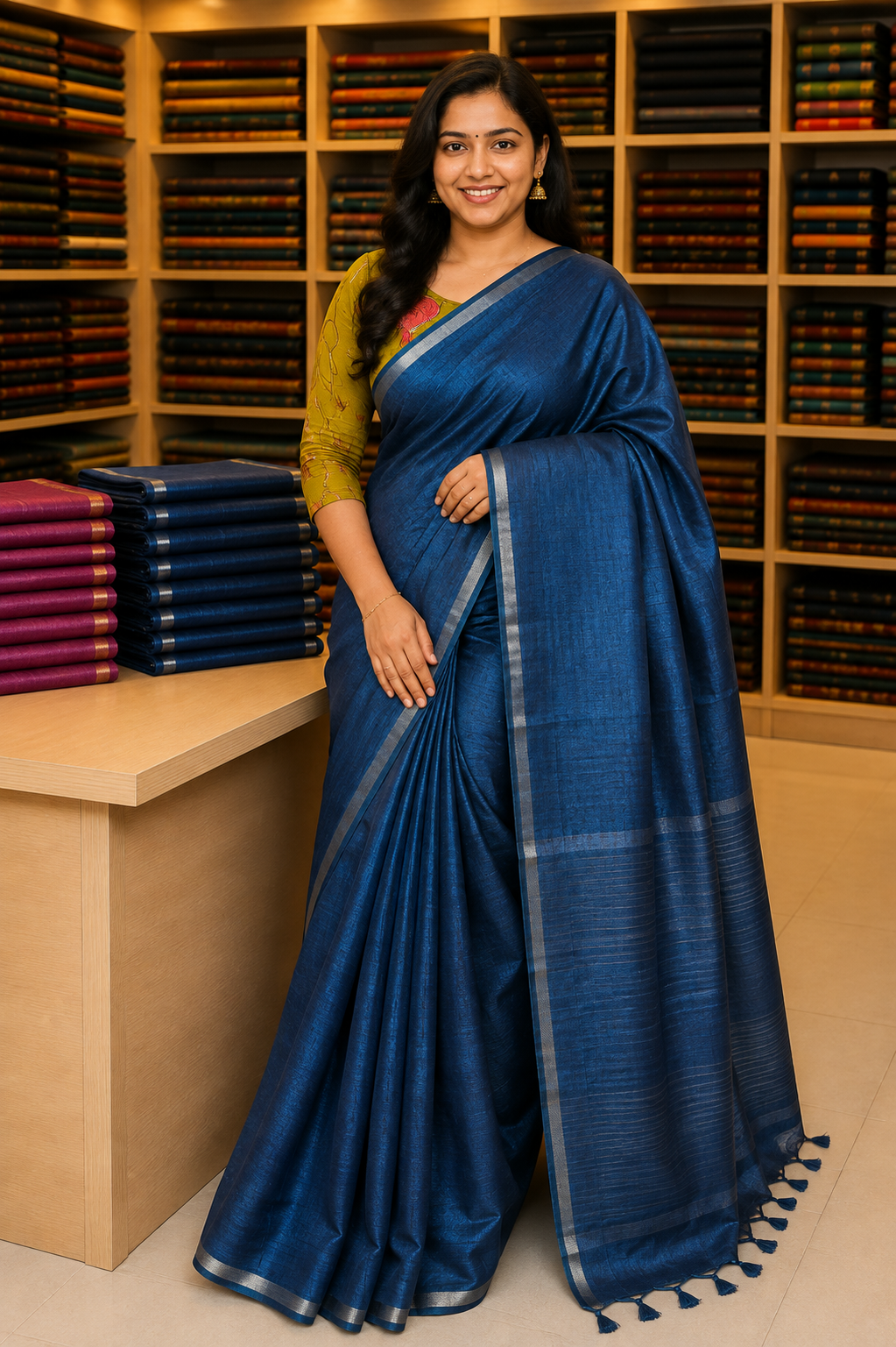 Matka Tussar Saree-Peacock Blue with Small Border
