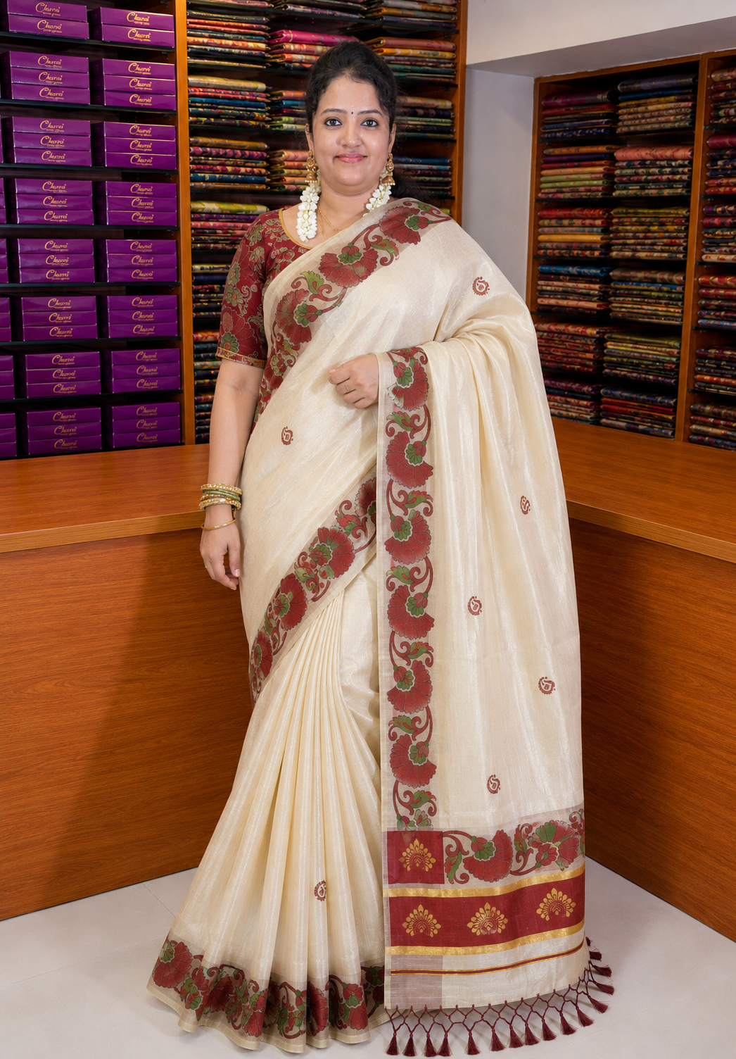 Tissue Silk Saree-Sandal with Kalamkari Border
