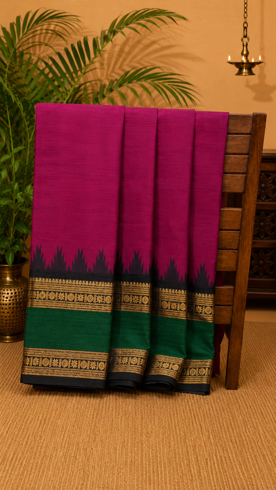 Chettinad Cotton Saree-Magenta with Temple Border