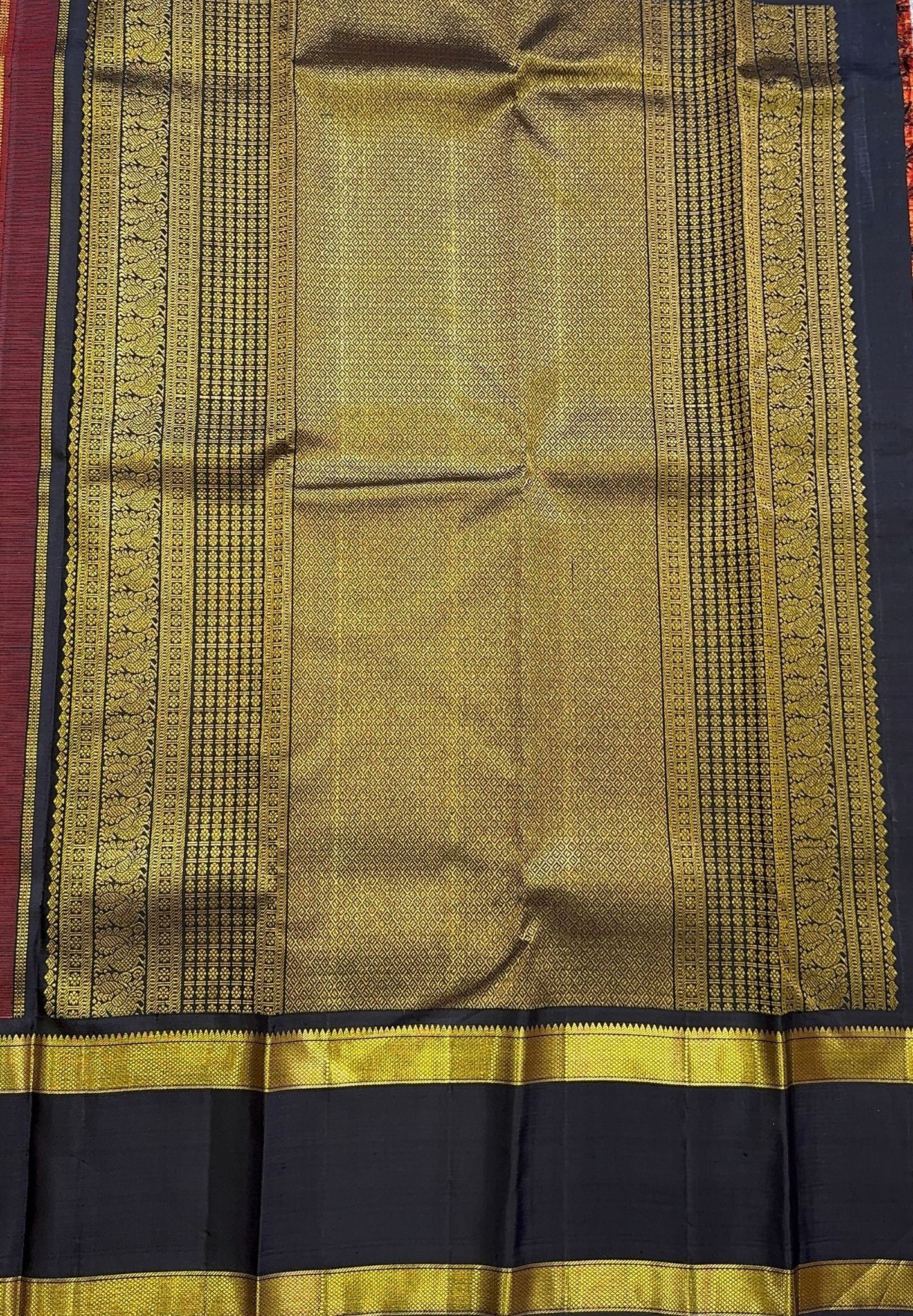 Pure Kanchipuram Silk Saree-Red in Zari Checks with Contrast Rettapet Border