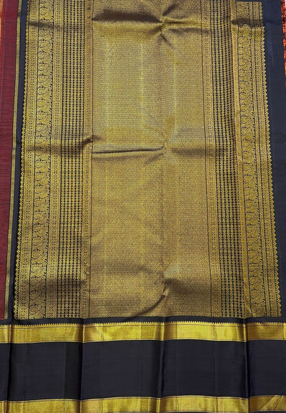 Pure Kanchipuram Silk Saree-Red in Zari Checks with Contrast Rettapet Border