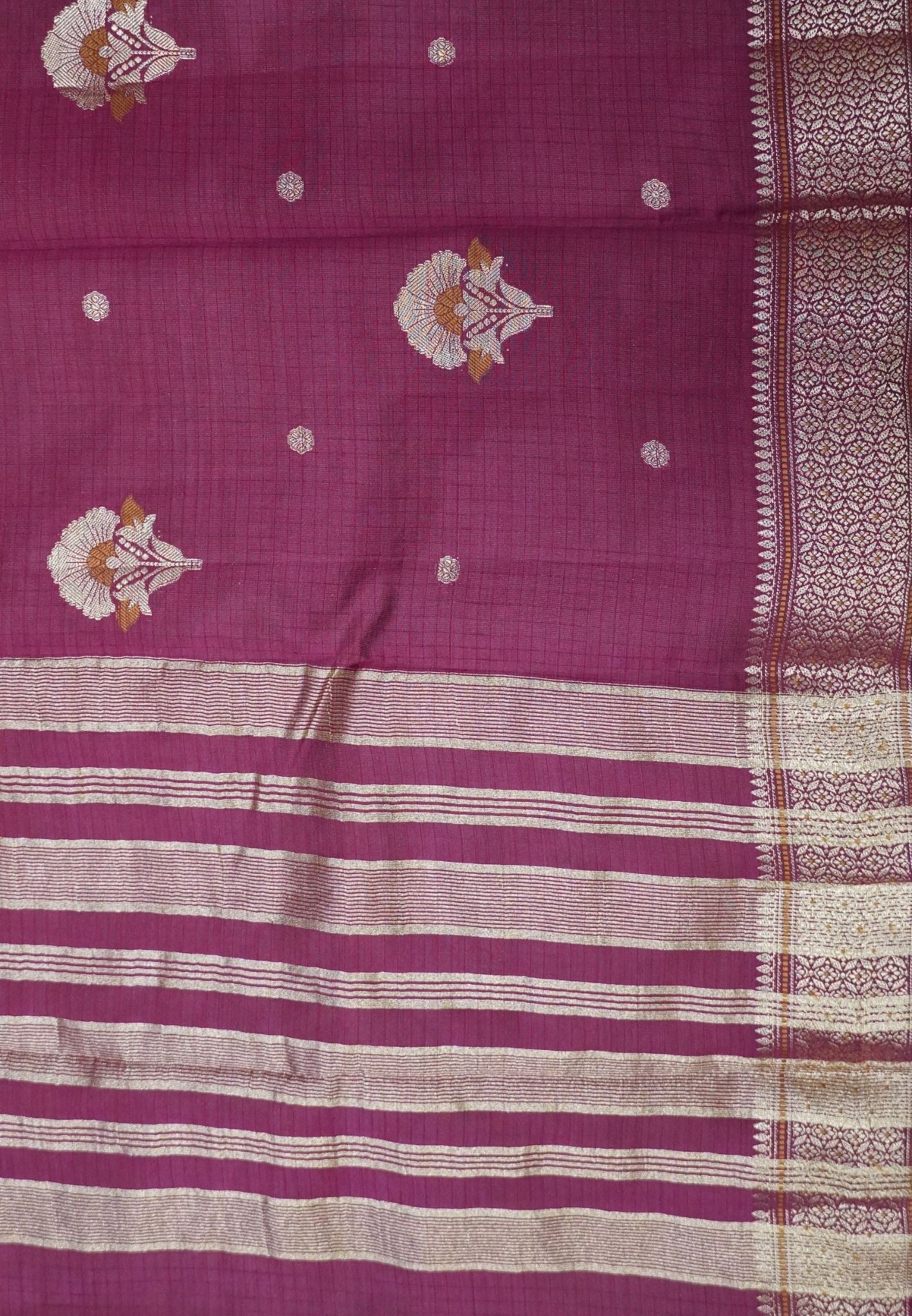 Semi Tussar Saree-Wine with Floral Zari Motif